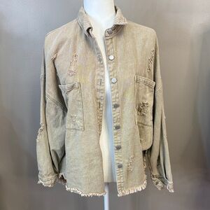 POL Distressed Beige Jean Jacket
